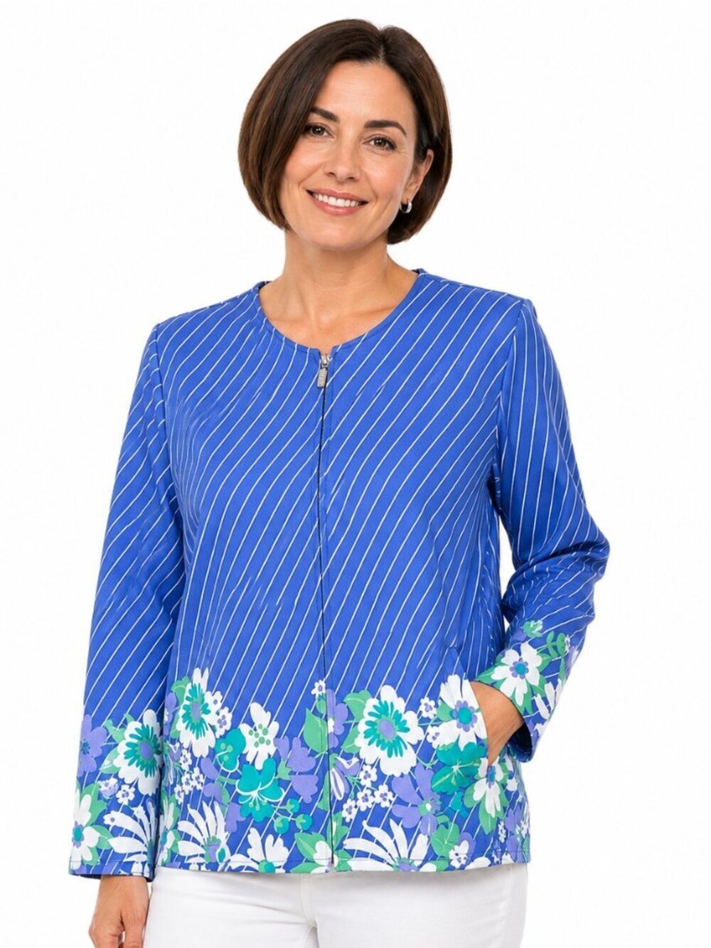 Bob Mackie Wearable Art Blue Stripe Floral Cotton Zip Cardigan NWT